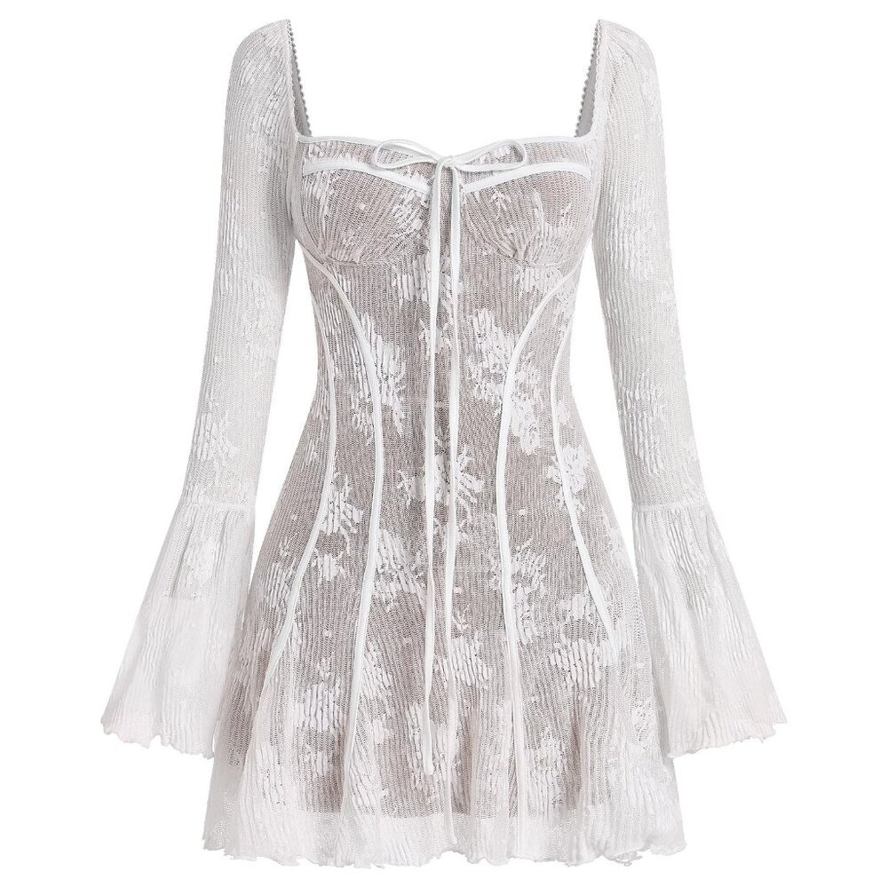 Lace Corset Bell Long Sleeve Party Dress Sheer Mesh Mini Dress Party Dress